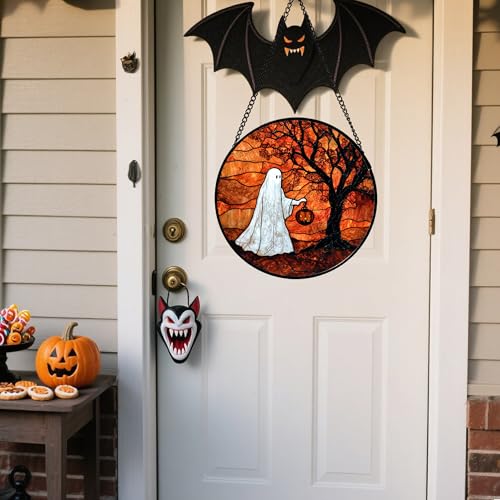Image of Stained Glass Window Hanging - Halloween Ghost Holding A Pumpkin Lantern Suncatcher for Door Garden Spooky Tree Sun Catchers Gothic Decorations Horror Gifts for Women Men Friend 9.8 in