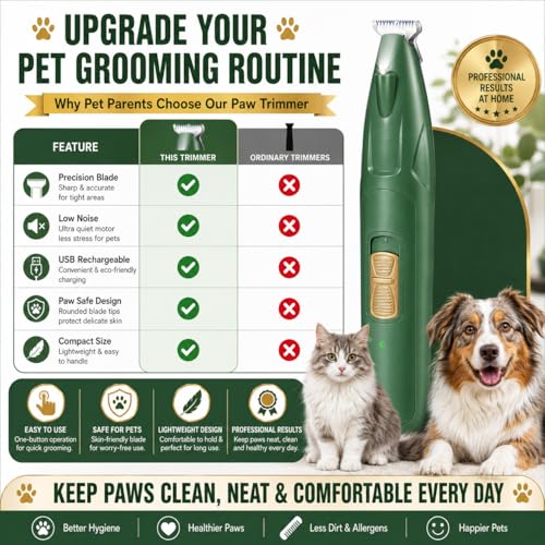 Image of AJIGNA MART Pet Paw Trimmer for Dogs & Cats, Professional Pets Grooming Clipper with LED Light, USB Rechargeable Cordless Low Noise Pet Hair Trimmer for Paw Pads, Face, Eyes, Ears & Sanitary Areas