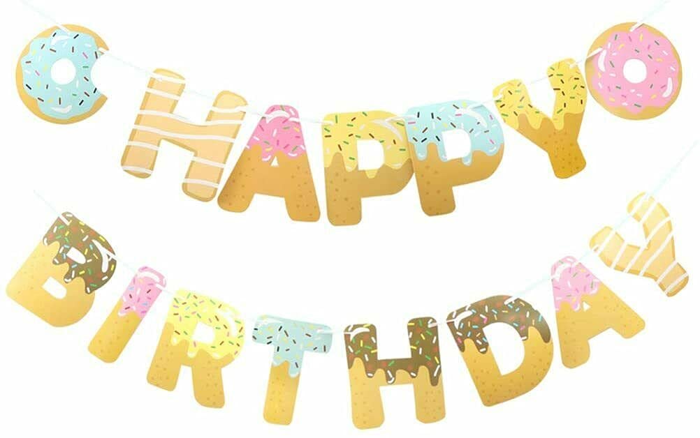 Happium Donut Theme Happy Birthday Ribbon Banner-1 Pc, Paper, Multicolour 6" x 8.5''