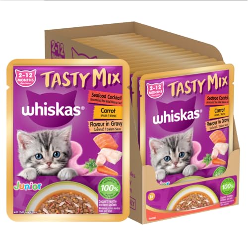 Image of Whiskas Tasty Mix Kitten (2-12 Months) Wet Cat Food, Seafood Cocktail Carrot Flavour in Gravy, 70 g x 14, 100% Complete & Balanced Nutrition for Kittens
