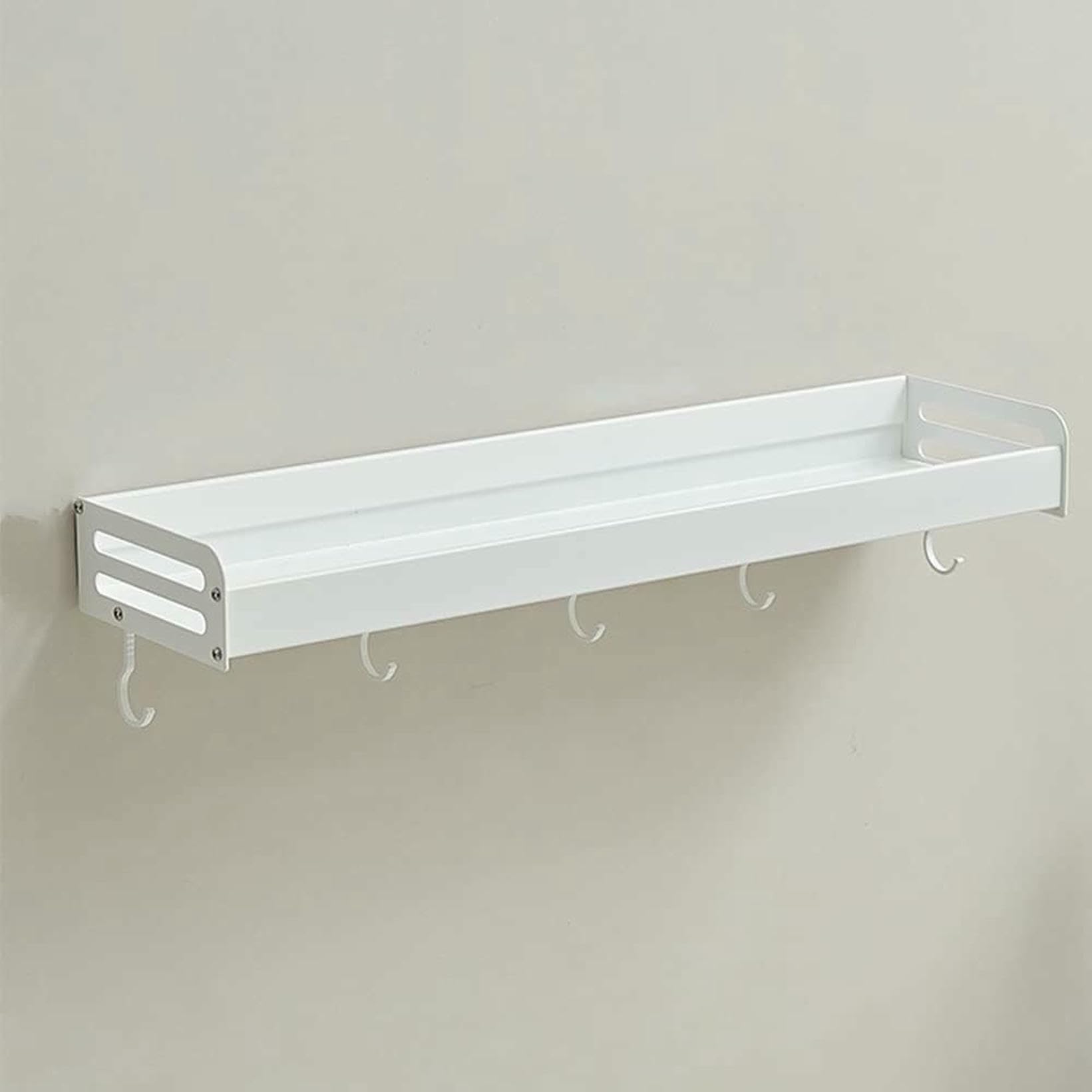 CWCQGH Wall-Mounted Bathroom Shelf - Multifunctional Shower Caddy for Cosmetics and Shampoo Storage - Floating Shelf with Hooks for Kitchen Seasoning Bottles,White-60Cm