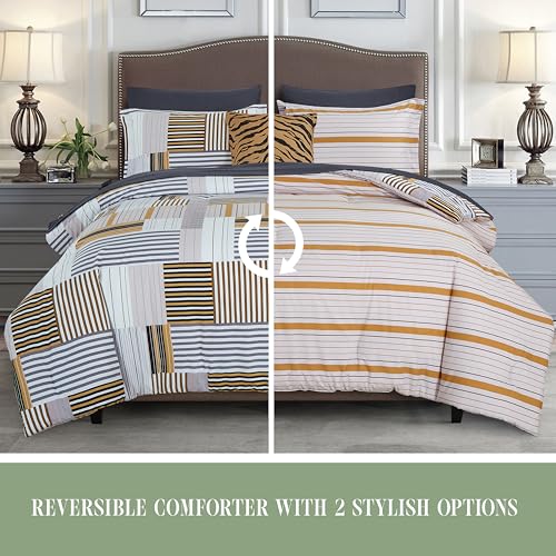 Image of Elegant Comfort 8-Piece Animal Print Patch Reversible Comforter Set - All Season Bed in a Bag, 4-Piece Sheet Set Featuring Smart Pockets, Matching Shams and Decorative Pillow, Twin /Twin XL, Gold