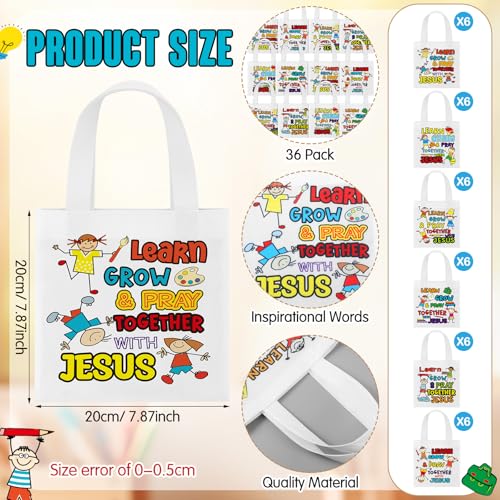 Image of 36 Pcs Religious Tote Bags Bulk for Kids Christian Learn Grow Pray Together with Jesus Gift Tote Christian Canvas Bags for Sunday School Church Classroom Prizes Party Favors Supplies Gift