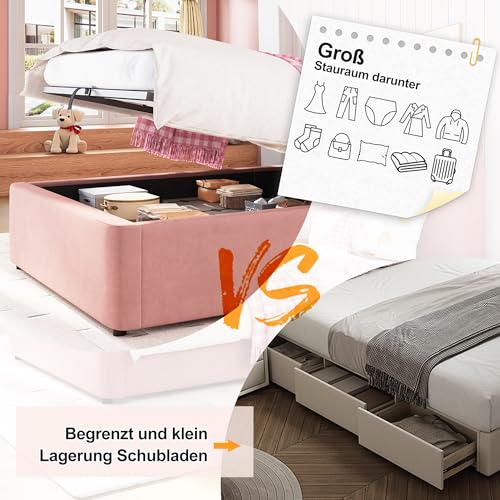 Gelukueub Polsterbett,Einzelbett, Kinderbett 90 x 200cm, hydraulisches Funktionsbett, Bett mit Lattenrost, Kopfteil und großem Stauraum, gepolstertes Kopfteil, Samt, rosa – Bild 7