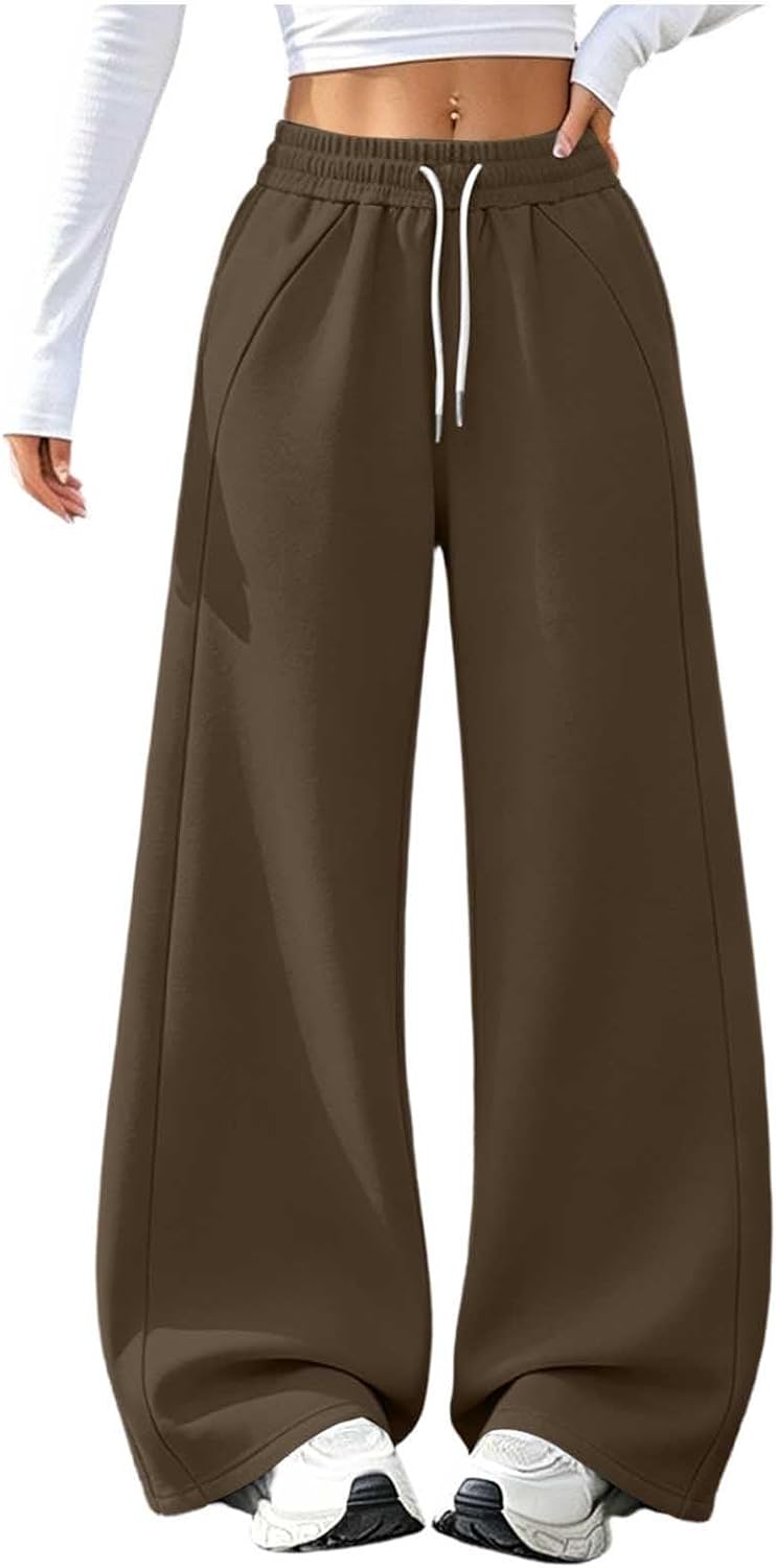 Women Fleece Lined Wide Leg Sweatpants High Waist Warm Track Pants