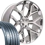 OE Wheels CV98B 26 Inch Rims & Tires Fit Silverado 1500 Snowflake Style 6x139.7 26x10 Chrome - Hollander 5668 - Atlas Force UHP 295/30-26 (Set of 4)