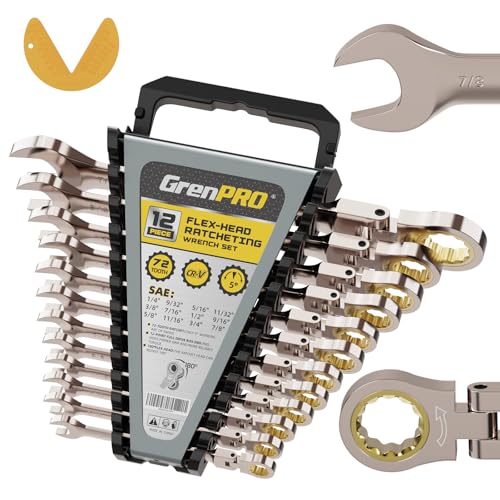 GRENPRO Wrench Set Ratchet Wrench, Ratchet Wrenches Set, 13-Piece Flex-Head Ratcheting Wrench Set SAE Mechanic Tool Set 1/4' to 7/8' with Gauge Organizer, 72 Tooth Open End Combination Wrench Sets