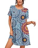 PrinStory Womens Sleepwear Short Sleeve Nightgown Soft Sleepshirt Pleated Nightshirt Scoopneck Casual Loungewear FP-Mix Blue-Large