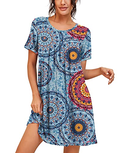 PrinStory Womens Sleepwear Short Sleeve Nightgown Soft Sleepshirt Pleated Nightshirt Scoopneck Casual Loungewear FP-Mix Blue-Large