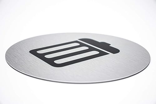 Letreros de metal para basura, redondos de 5.5 pulgadas, letrero de metal para cesta de residuos, letrero de aluminio plateado cepillado con símbolo
