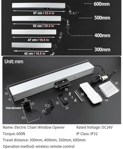 24V Electric Window Opener Actuator with Remote Control & Switch, 600N Greenhouse Opener for Casement & Skylights, Adjustable Stroke 300-1000mm, Home Anti-Theft Solution