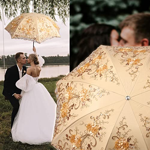 Iamacos Upf50+ Folding Umbrella Sun&Rain Wedding Umbrella Parasol For Bride With Lace Floral Sequins + Storage Bag, Gold #TOP5