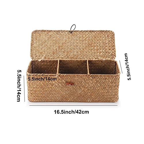 Seagrass Tank Basket with Lid Woven Toilet Roll Storage Basket with Sections Rectangular for Organize Snack Toys Tampon (Large Compartment 16.5inch L x 5.5inch W x 5.5inch H) Natural