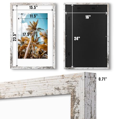 Image of Frametory, 16x24 Picture Frame with Mat for 12x18 Picture- - High Definition Glass Wide Molding - Preinstalled Wall Mounting Hardware (Distressed White, 2 Pack)