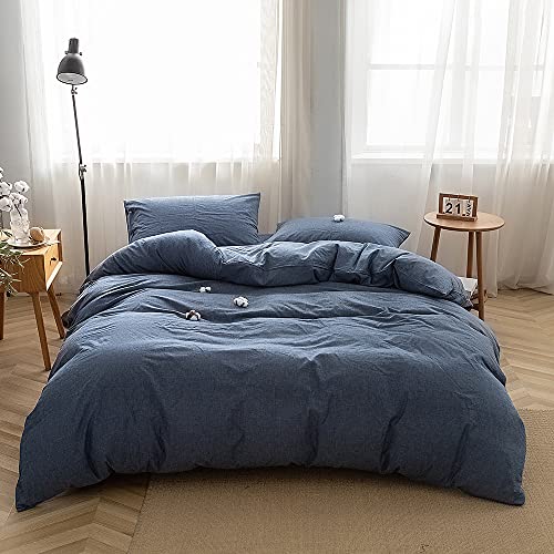 FACE TWO FACE 3-Piece Duvet Cover King,100% Washed Cotton Duvet Cover,Ultra Soft and Easy Care,Simple Style Bedding Set (King, Navy Blue)
