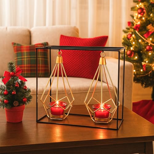 Image of MARKET 99 Nordic Style 2 Pcs Hanging Cage T-Light Holder with Stand | Black Metal Rectangular Frame with Diamond Holders | Perfect for Home, Xmas & Christmas Decor, Living Room & Festive Decoration