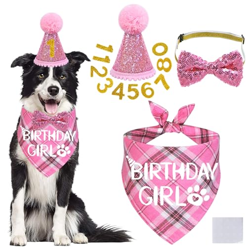 STMK Dog Birthday Outfits, Multi Size Dog Birthday Hat Dog Birthday Girl Bandana Bow Tie Birthday Numbers for Medium Large Dogs Pets (Pink, Large)