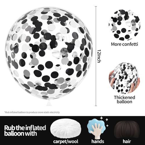 Image of VHUWE Black Silver Confetti Balloons 25 Pcs, 12 Inch Thickened Clear Latex Balloon with Confetti Inside for Birthday Party Baby Shower Graduation Anniversary Engagement Decorations Supplies