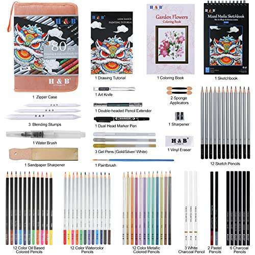 H & B 80-Pack Drawing And Art Supplies Kit - Colored Sketching Art Pencil Set With 3-Color Sketchbook And Coloring Book - Graphite, Watercolor, Metallic, And Oil-Based Colored Pencils - Pink #TOP1