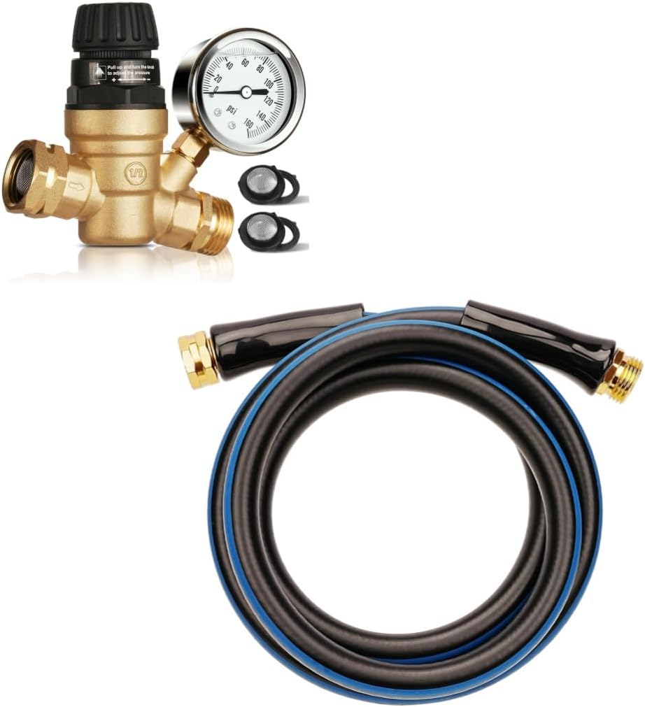SheeChung RV Water Pressure Regulator, Brass Lead-Free Adjustable Water Pressure Reducer with Gauge and Short Garden Hose 6ft x 5/8",Water Hose for Hose Reel Faucet
