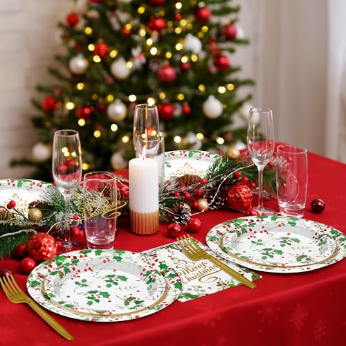 QZYL 96 Pcs Christmas Plates and Napkins Sets, Disposable 9" and 7" Merry Christmas Plates Sets Serves 24, Paper Green Gold Xmas Dinnerware Set Party Supplies for Xmas Winter Dinner Dessert Party – Image 6