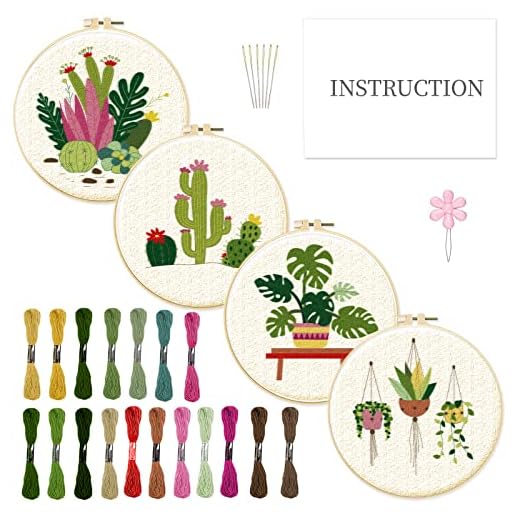 INFUNLY 4 Pack Tropical Plants Embroidery Kit for Beginners Adults Cactus Embroidery Starter Kit Punch Needle Embroidery Kits Palm Leaf Cross Stitch Kits with Patterns Instructions for DIY