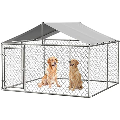 Large Dog Kennel Outdoor Dog Run Playpen Galvanized Heavy Duty Outdoor Dog Kennel Fence Puppy Exercise Pen Dog Run Cage with UV & Waterproof Cover Secure Lock 9.8x9.8x6ft… Cover