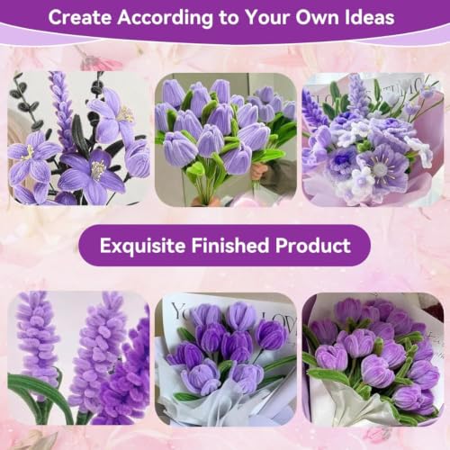 Image of YUNAMI Chenille Stems for DIY Flower Making - 200 Pcs Pipe Cleaners with Floral Wire, Tape, Stamen & Pearls - Premium Bouquet Supplies for Home Decor & Gifting (200, Purple)