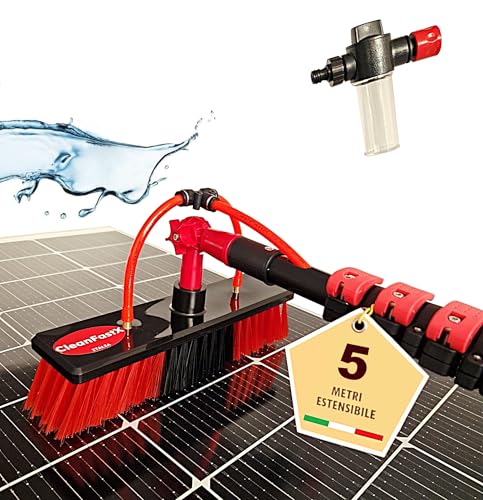 CleanFastX ITALIA | Kit Pulizia Pannelli Fotovoltaici | Estensibile 5 Metri | Spazzola per Lavaggio Tapparelle Vetrate Camper Barca Pannelli Solari | Idrospazzola con Dispenser di Sapone Integrato