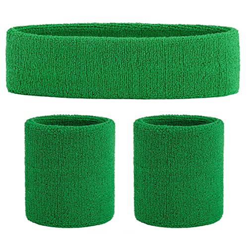 ONUPGO Green Sweatband Set Sports Headband Wrist Striped Sweatbands Terry Cloth Wristband Athletic Exercise Basketball Wrist Sweatband and Headbands Moisture Wicking Sweat Absorbing Head Band