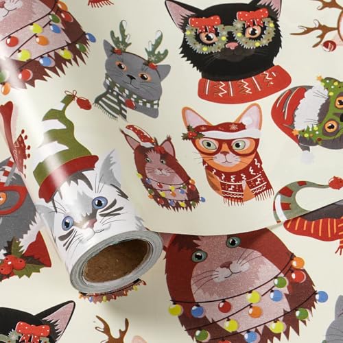 LeZakaa Cat Christmas Wrapping Paper Roll Holiday Cats in Santa Hats and Scarves Xmas Design for for Cat Lovers Pet Owners Holiday Party Kid Gift Wrap Mini Roll 17 in x 16.4 Feet
