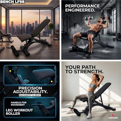 Image of Leeway LF98 Bench Press for Home Gym Setup | Adjustable Gym Bench Incline Decline Flat | 350KG, 9+3 Positions Foldable Multipurpose Workout Stand | Portable Equipment | Leg Curl Table /Chair Machine (Black, Bench LF98, 1)