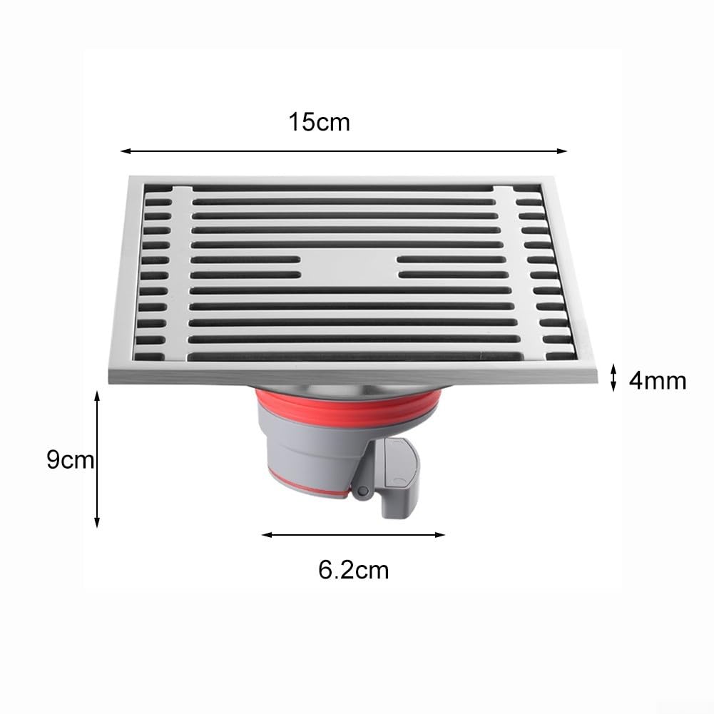 Besttoolifes Scarico a pavimento in acciaio inox, 15 x 15 cm, anti-doccia, per bagno e cucina, facile installazione, cestello filtro rimovibile, Corro duraturo