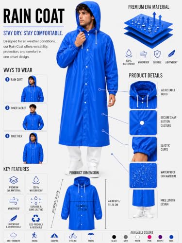 Image of Hooded Waterproof Men's & Women's Raincoat, Lightweight Long Rain Jacket, Button Front, Windproof Outdoor Rainwear | Free Size |
