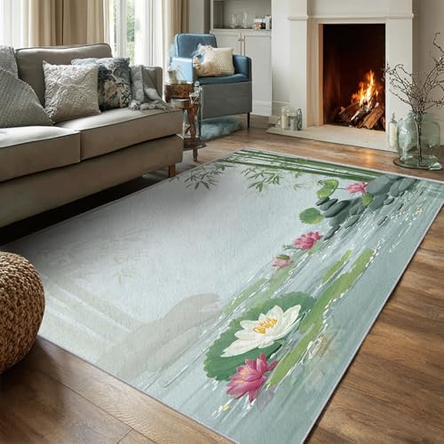 Asian Zen Rug, Washable Bamboo Leaf Stone Lotus Pond Nature Area Rugs 5x6 - Spa Carpet, Bedroom, Living Room, Home Decor, Soft, Non Slip, Non Shedding R&-E771
