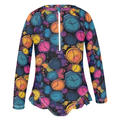 Colorful Alarm Clock Pattern Girls One Piece Rash Guard Swimsuit, Girls Long Sleeve Swimwear for 3-12Y2