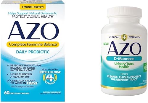 AZO Probióticos diarios de equilibrio femenino completo para mujeres y salud del tracto urinario de manosa D, limpia, enjuaga y protege el tracto