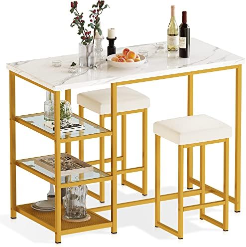 AWQM Gold Bar Table Set for 2,Kitchen Table with Storage Faux Marble Counter Height Table with Stools Bar Table and Chairs Set,Dinning Table Set for Small Space