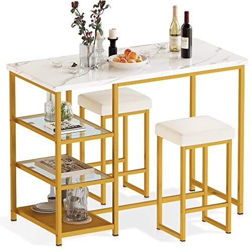 Awqm Gold Bar Table Set For 2,Kitchen Table With Storage Faux Marble Counter Height Table With Stools Bar Table And Chairs Set,Dinning Table Set For Small Space #TOP8
