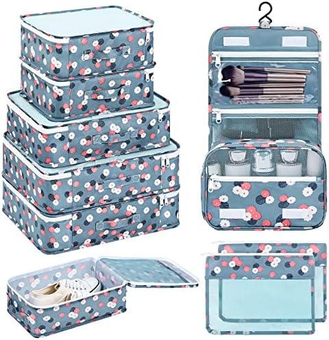 Easortm Travel Packing Cubes, Travel Cubes for Packing Luggage Organizers for Suitcase Organizer Bags Set Travel Bags with Toiletry Bag Laundry Bag Shoes Bag for Traveling Essentials.(Blue Flower)