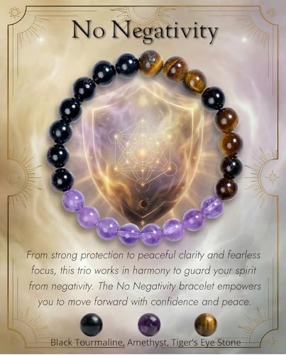 Bivei No Negativity Bracelet Strength Crystal Healing Bracelet 8MM with Black Tourmaline & Amethyst & Tiger Eye - Spiritual Stretch Beaded Jewelry for Women Men Gift