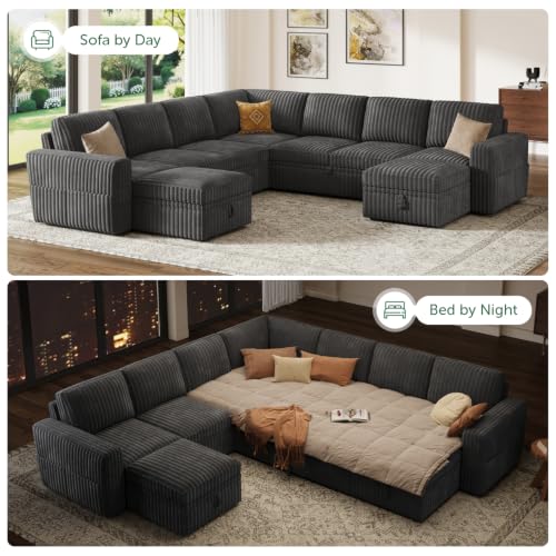 Image of HONBAY Modular Sectional Sleeper Sofa with Pull Out Bed Oversized Corduroy L Shaped Sofa Bed with Storage Couches for Living Room,Dark Grey