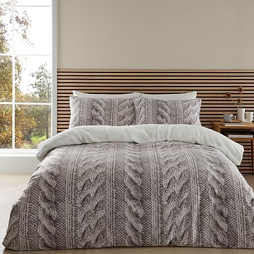 Image of Catherine Lansfield Cosy Warm Cable Knit Fleece Single Duvet Cover Set with Pillowcase Cream