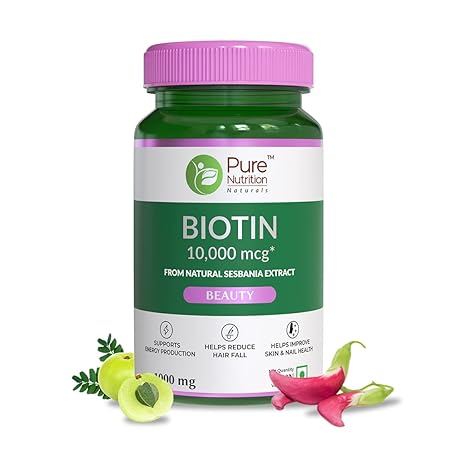 Pure Nutrition Naturals Biotin 10000 mcg from Natural Sesbania Extracts for Healthy Hair, Skin & Nails | Reduce Hair Fall | Improve the Energy Level - 60 Veg Tablets