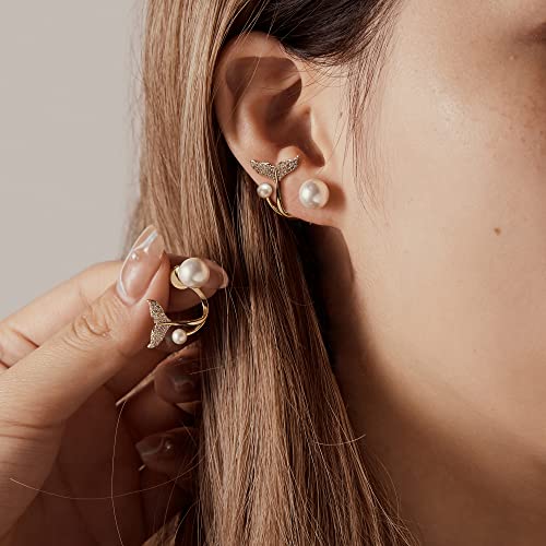 IDOKAWA Brincos de Pérola Cauda de Sereia para Meninas, S925 Agulha de Prata zircon Shell Brincos Pe