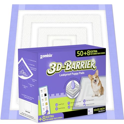 ZOMISIA 3D-Barrier Puppy Pee Pads for Dogs, 7 Cups Absorb & Rise Puffy Gel-Wall Leak-Proof, 22"x23" 50 Counts + 8 Pet Urine Test Strips, Super Absorbent Disposable Potty Training Pads