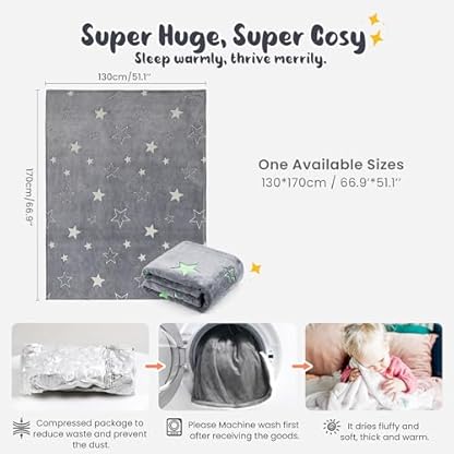 Winthome Kuscheldecke Kinder, Deck Glow In The Dark, Fleecedecke 130x170cm Weiche Flauschig, Babydecke Warme Kuschelig, Sofadecke für Mädchen Junge, Geschenke, Passend zu Allen Jahreszeiten (Stern) – Bild 7