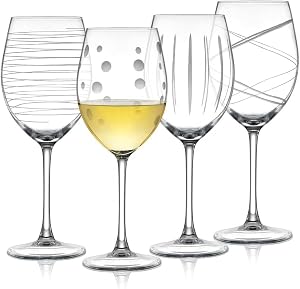 Joeyan Hand Blown Etched Red and White Wine Glasses,Stemmed Glasses with Stripes and Dots Pattern,Clear Carved Long Stem Glassware Set for Wine Tasting Birthday Anniversary Wedding,19 oz,Set of 4