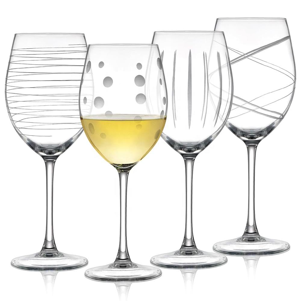 Hand Blown Etched Red and White Wine Glasses,Stemmed Glasses,19 oz