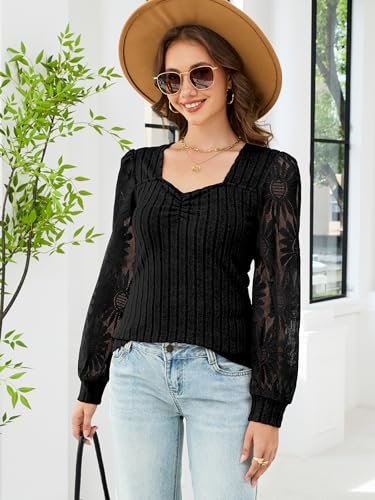 Women's Long Sleeve Shirts Sheer Mesh Lace Flower Dressy Blouses Basic Casual Loose Top4